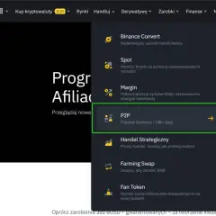 Menu Binance z opcją P2P (Przelew bankowy i 100+ opcji) podświetloną na zielono.