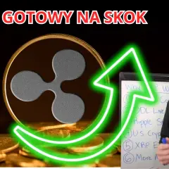 Moneta XRP na stosie złotych monet, obok mężczyzny i tablicy z napisem "Why XRP Will Pu".