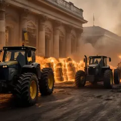 Protest rolników: płomienie i obornik na granicy budynków UE