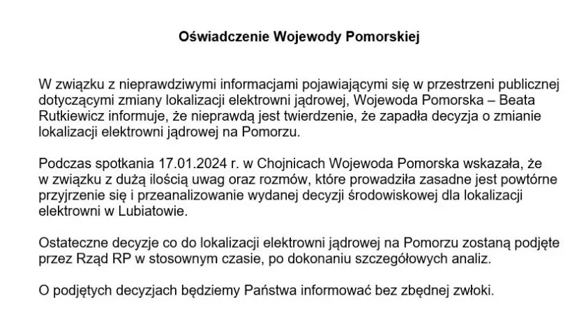Budowa elektrowni jądrowej: wojewoda rozważa zmianę decyzji