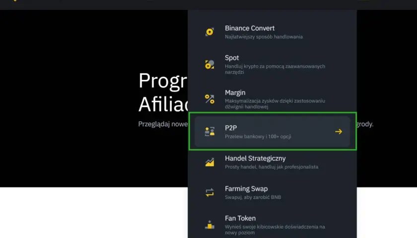 Menu Binance z opcją P2P (Przelew bankowy i 100+ opcji) podświetloną na zielono.