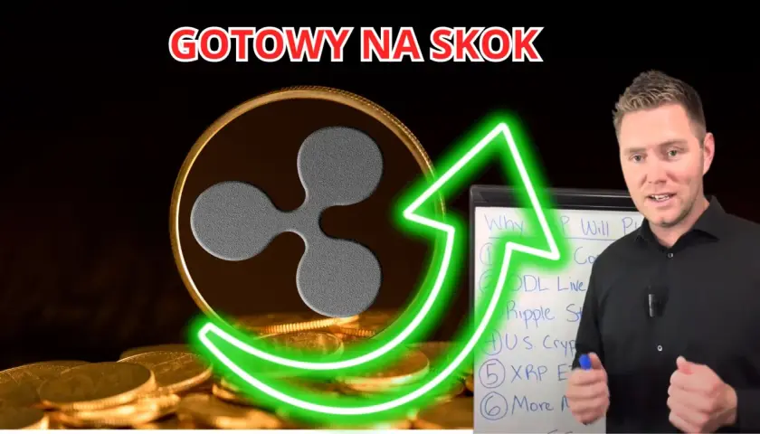 Moneta XRP na stosie złotych monet, obok mężczyzny i tablicy z napisem "Why XRP Will Pu".