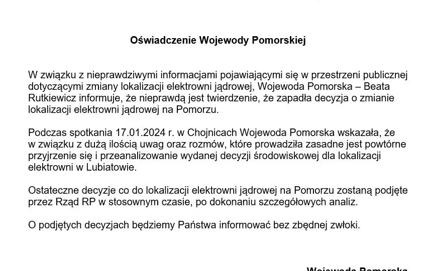 Budowa elektrowni jądrowej: wojewoda rozważa zmianę decyzji